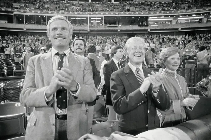 Framed Print : Ted Turner, Jimmy and Rosalynn Carter Cheering at Game Framed Print : Ted Turner, Jimmy and Rosalynn Carter Cheering at Game
