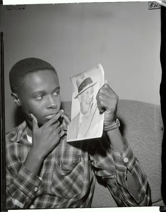 Framed Print : Teenage Boy Holding Photo of President Eisenhower Framed Print : Teenage Boy Holding Photo of President Eisenhower