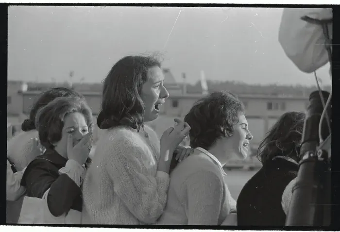 Framed Print : Two Teenage Girls Crying as They Watch the Beatles Place Take Off Framed Print : Two Teenage Girls Crying as They Watch the Beatles Place Take Off