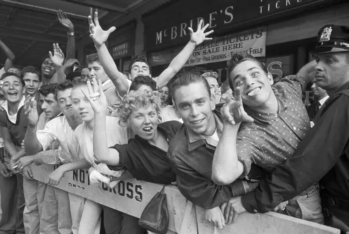 Framed Print : Teenagers Waiting in Line for Rock and Roll Show Framed Print : Teenagers Waiting in Line for Rock and Roll Show