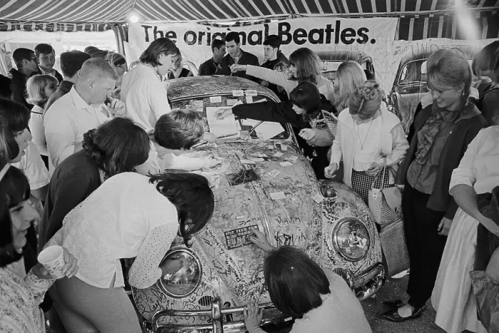 Framed Print : Teens Signing Volkswagen Beetle Framed Print : Teens Signing Volkswagen Beetle