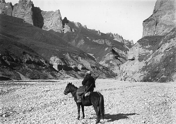 Tein Shan. circa 1895: A rider in the Tein Shan mountains in China