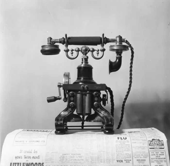 Framed Print : Telephone. 22nd May 1955: An early, crank-handled telephone on display Framed Print : Telephone. 22nd May 1955: An early, crank-handled telephone on display