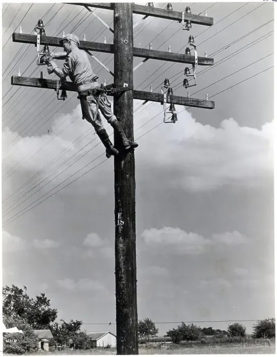 Framed Print : Telephone Worker up a Pole Working Framed Print : Telephone Worker up a Pole Working