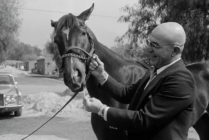 Framed Print : Telly Savalas with Racehorse Telly's Pop Framed Print : Telly Savalas with Racehorse Telly's Pop