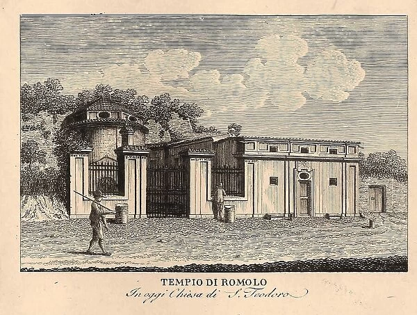 Tempio di romolo, Temple of Romulus, Rome, Italy, digitally restored reproduction from Vedute principali e piu interessanti di Roma by Giovanni Battista, 1799