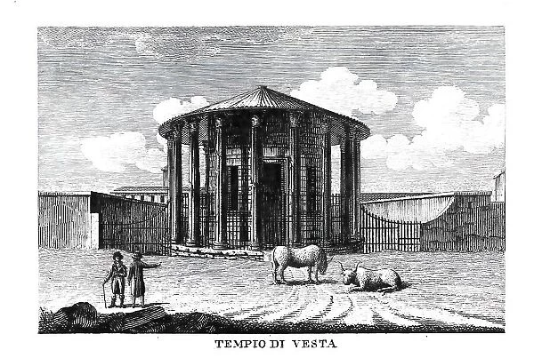 Tempio di vesta, Temple of Vesta, Roman Forum, Rome, Italy, digitally restored reproduction from Vedute principali e piu interessanti di Roma by Giovanni Battista, 1799