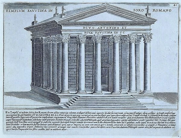 The Temple of Antoninus and Faustina was a temple on the Roman Forum in Rome dedicated to the Emperor Antoninus Pius and his woman Faustina, historical Rome, Italy, 1625, Rome, digital reproduction of an 18th century original