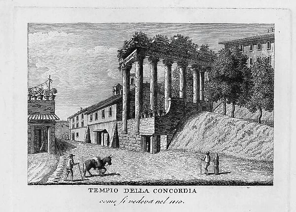 Temple of Concordia in Rome is located on the western narrow side of the Roman Forum next to the Temple of Vespasian, Tempio della concordia, Italy, digitally restored reproduction from Vedute principali e piu interessanti di Roma by Giovanni