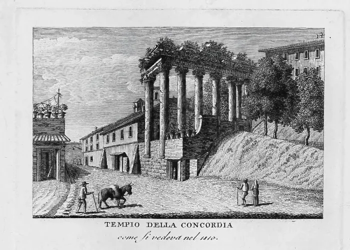 Framed Print : Temple of Concordia in Rome is located on the western narrow side of the Roman Forum next to the Temple of Vespasian, Tempio della concordia, Italy, digitally restored reproduction from Vedute principali e piu interessanti di Roma by Giovanni Framed Print : Temple of Concordia in Rome is located on the western narrow side of the Roman Forum next to the Temple of Vespasian, Tempio della concordia, Italy, digitally restored reproduction from Vedute principali e piu interessanti di Roma by Giovanni