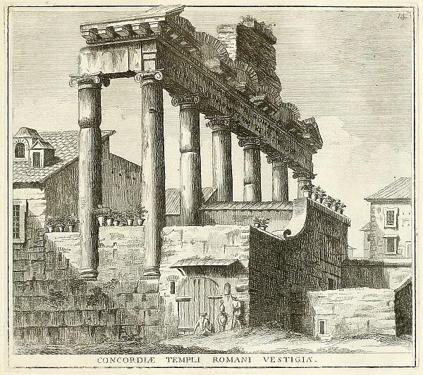 Temple of Concordia, behind the senator's palace, historical Rome, Italy, digital reproduction of an original 17th century painting, original date not known