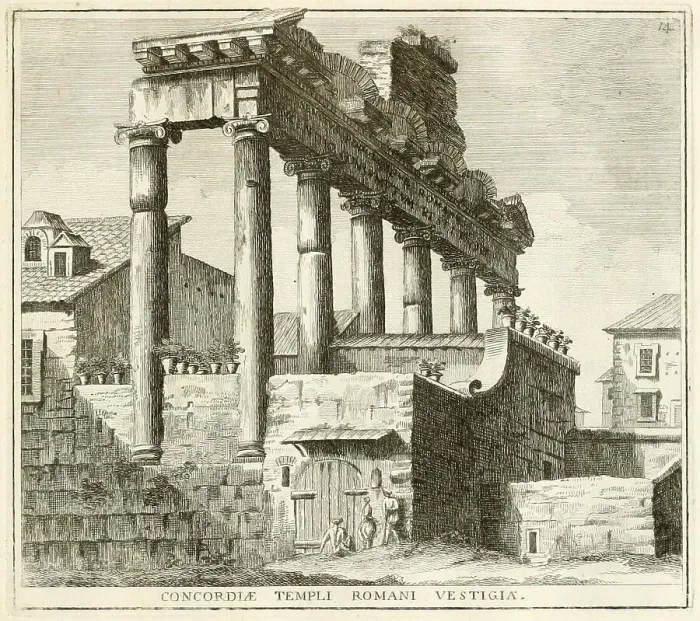 Framed Print : Temple of Concordia, behind the senator's palace, historical Rome, Italy, digital reproduction of an original 17th century painting, original date not known Framed Print : Temple of Concordia, behind the senator's palace, historical Rome, Italy, digital reproduction of an original 17th century painting, original date not known