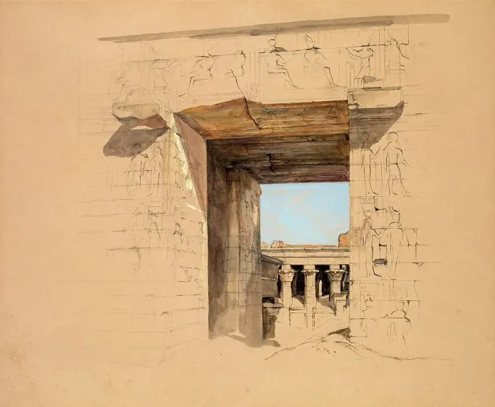 Framed Print : The Temple of Edfu, The Door of the Pylon, 1850, Egypt, Painting by John Frederick Lewis, Historic, digitally restored reproduction from a 19th century original Framed Print : The Temple of Edfu, The Door of the Pylon, 1850, Egypt, Painting by John Frederick Lewis, Historic, digitally restored reproduction from a 19th century original