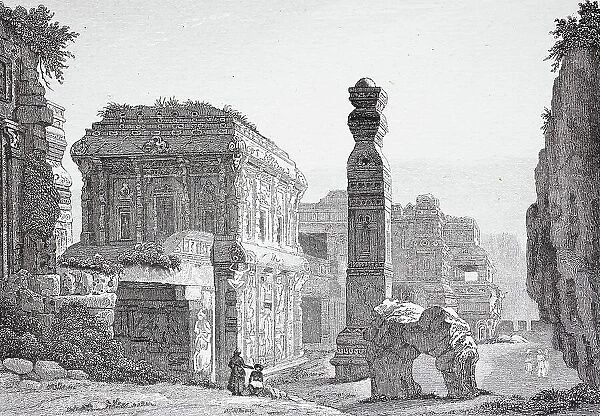 Temple of Ellora, Dumar Layna, India, Historic, digitally restored reproduction of a 19th century original