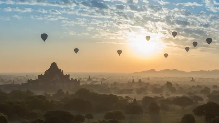 Framed Print : temple, sunrise, burma, air, culture, hot, heritage, mist, asian, balloons, over