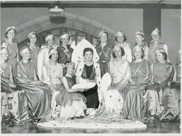 Framed Print : Temple University Students Posing in May Queen Costumes