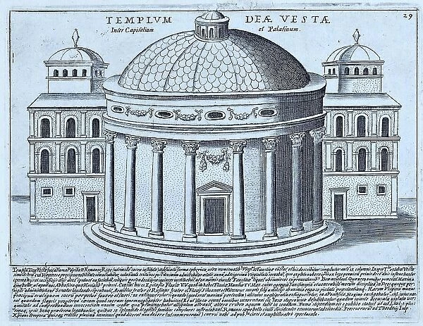 Temple of Vesta between the Capitol and the Palatine. The small circular temple served to receive the sacred fire and to store holy relics, 1767, Rome, Italy, digital reproduction of an 18th century original, original date not known