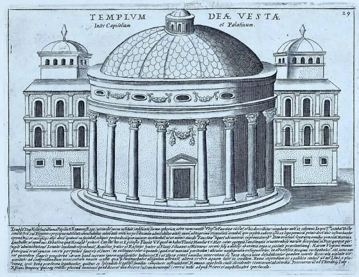 Framed Print : Temple of Vesta between the Capitol and the Palatine. The small circular temple served to receive the sacred fire and to store holy relics, 1767, Rome, Italy, digital reproduction of an 18th century original, original date not known Framed Print : Temple of Vesta between the Capitol and the Palatine. The small circular temple served to receive the sacred fire and to store holy relics, 1767, Rome, Italy, digital reproduction of an 18th century original, original date not known