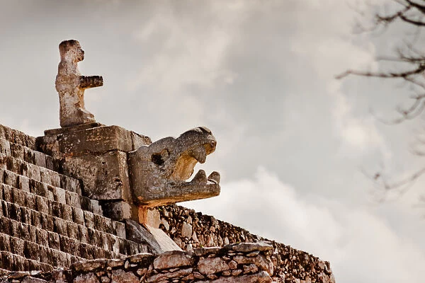 Detail of Temple of the Warriors (pyramid and columns), Chichen Itza, Mexico