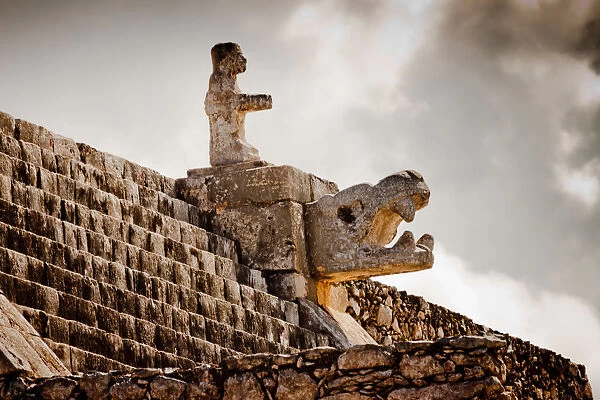 Detail of Temple of the Warriors (pyramid and columns), Chichen Itza, Mexico