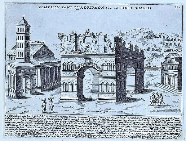 Templum Iani Quadrifronti In Foro Boario, the view of the Arch of Janus that Lauro might have seen. The niches are empty and the statues have disappeared, historical Rome, Italy, digital reproduction of an original 17th century master