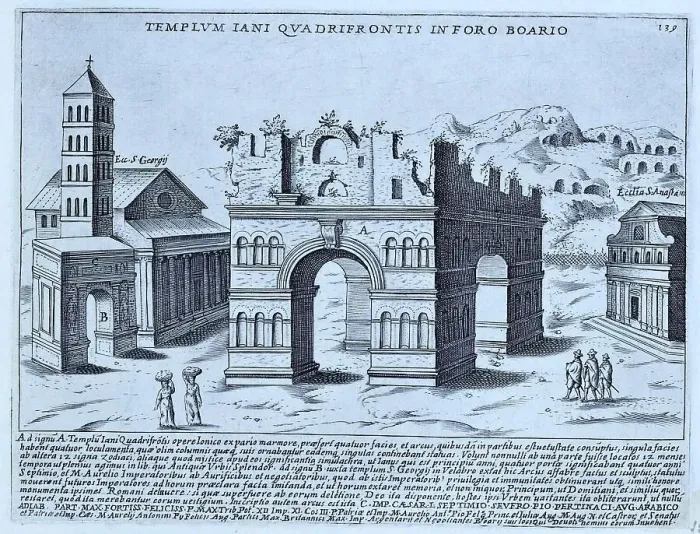 Framed Print : Templum Iani Quadrifronti In Foro Boario, the view of the Arch of Janus that Lauro might have seen. The niches are empty and the statues have disappeared, historical Rome, Italy, digital reproduction of an original 17th century master Framed Print : Templum Iani Quadrifronti In Foro Boario, the view of the Arch of Janus that Lauro might have seen. The niches are empty and the statues have disappeared, historical Rome, Italy, digital reproduction of an original 17th century master