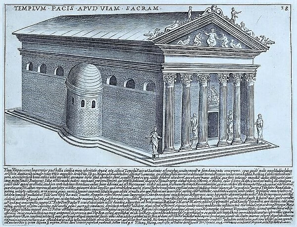 Templum Pacis Apud Viam Sacram, The Temple of Peace on the Via Sacra. The Via Sacra was the main street in the ancient city of Rome. It led from the top of the Capitoline Hill through the Forum and to the Colosseum, historical Rome, Italy, 1625
