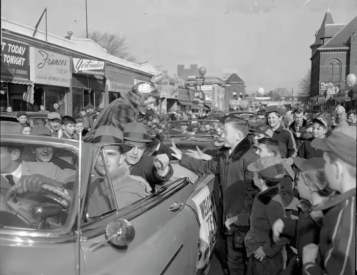Framed Print : Tenley Albright Greeting Citizens from Motorcade Framed Print : Tenley Albright Greeting Citizens from Motorcade