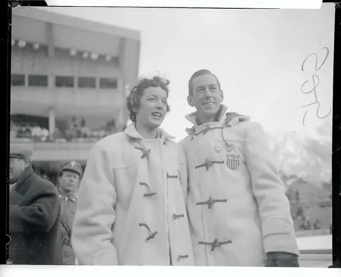 Framed Print : Tenley Albright and Hayes Alan Jenkins Posing in Winter Outerwear Framed Print : Tenley Albright and Hayes Alan Jenkins Posing in Winter Outerwear