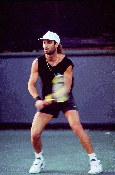 Framed Print : Tennis Champion Andre Agassi Playing In Indian Wells, California In March 1989 Framed Print : Tennis Champion Andre Agassi Playing In Indian Wells, California In March 1989