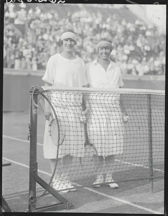 Framed Print : Tennis Players Molla Mallory and Joan Frey Posing by Net Framed Print : Tennis Players Molla Mallory and Joan Frey Posing by Net