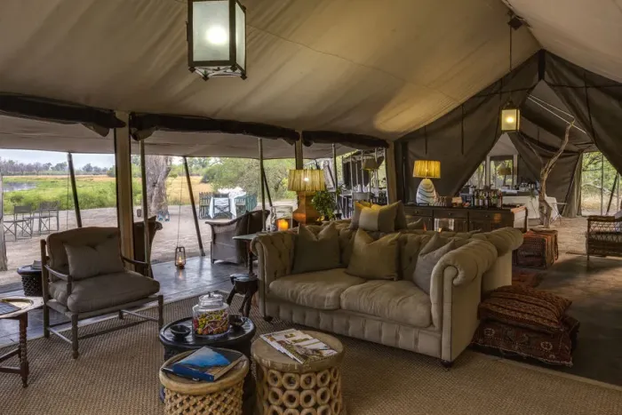 Framed Print : Tented lounge area of luxury Machaba Camp, Okavango Delta, Botswana Framed Print : Tented lounge area of luxury Machaba Camp, Okavango Delta, Botswana