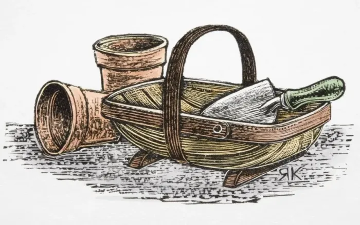 Framed Print : Two terracotta plant pots, and hand trowel in trug Framed Print : Two terracotta plant pots, and hand trowel in trug