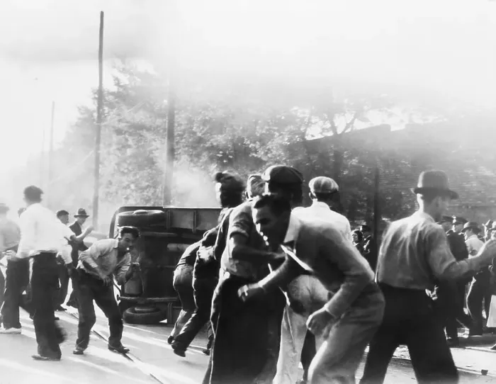 Framed Print : Textile Workers on Strike Battle with Cops