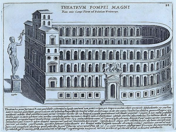 The Theatre of Pompey was the first permanent stone theatre in Rome. It was built by Pompeius on the Campus Martius, historical Rome, Italy, digital reproduction of an original 17th-century design, original date unknown