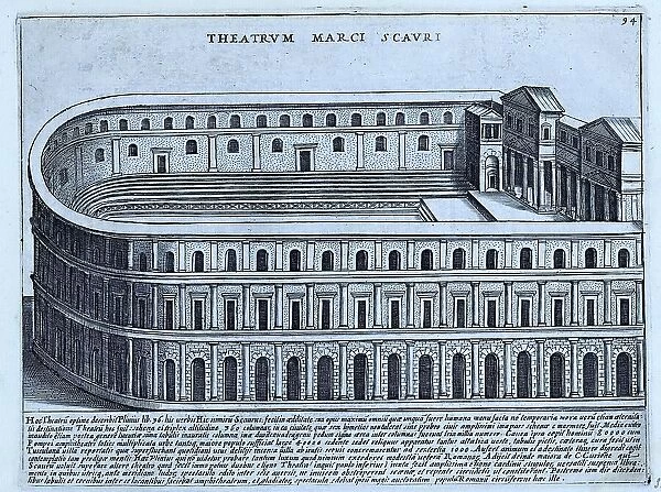 Theatrum Marci Scauri, This theatre was a temporary theatre described by Pliny the Elder in 58 B. C. historical Rome, Italy, digital reproduction of a 17th century original, original date unknown
