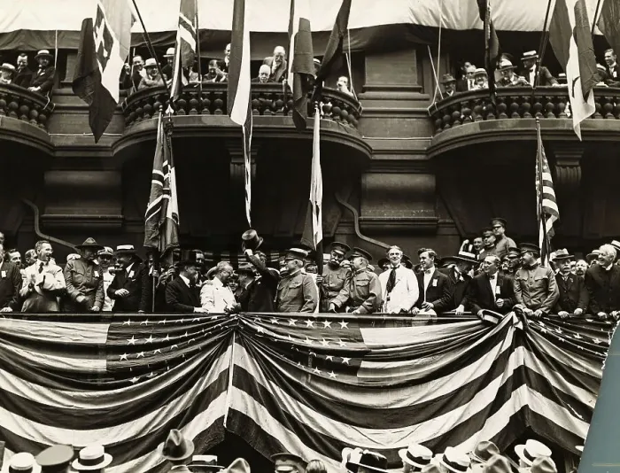 Framed Print : Theodore Roosevelt on Flag Draped Balcony