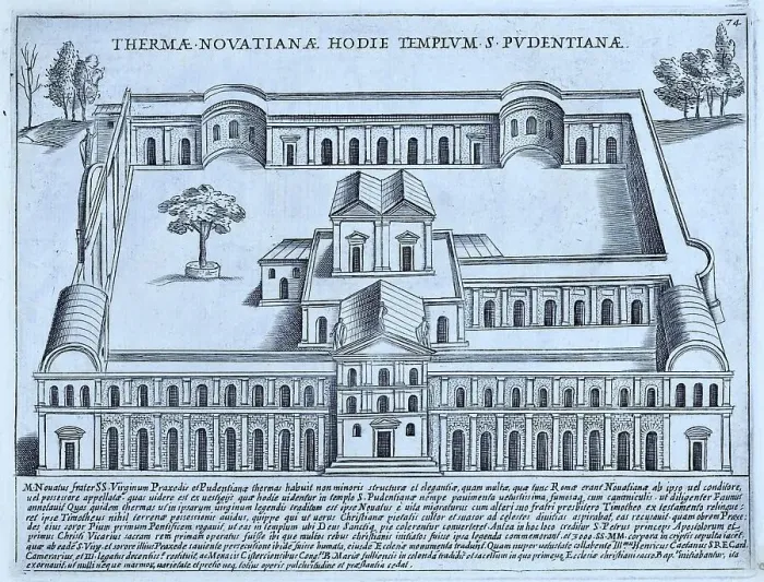 Framed Print : Thermae Novatianae Hodie Templum S. Pudentianae, the Novatian Baths, today the Church of Saint Pudentiana. The Novatian Baths were also known as the Timotene Baths and belonged to the house of the Pudens family, historical Rome, Italy, 1625, Rome