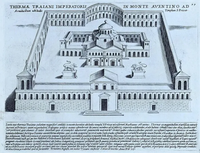 Framed Print : Thermae Traiani Imperatoris in Monte Aventino Ad, The Thermae of the Emperor Trajan on the Aventine Hill. The Baths of Trajan were built on the site of Nero's Golden House. Construction began around 104 AD and the inauguration took place in 109 AD