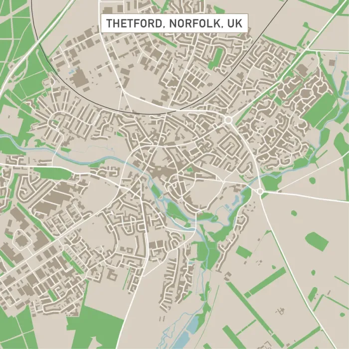Framed Print : Thetford Norfolk UK City Street Map Framed Print : Thetford Norfolk UK City Street Map