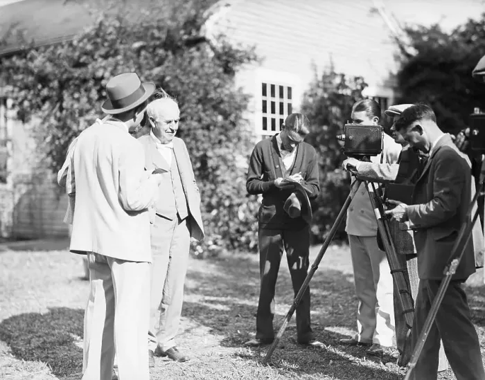 Framed Print : Thomas Edison with Reporters and Cameramen Framed Print : Thomas Edison with Reporters and Cameramen