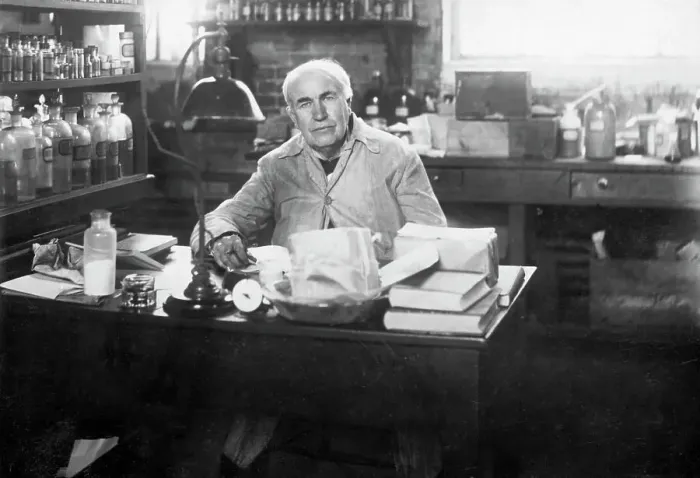 Framed Print : Thomas Edison Seated At Desk In Lab Framed Print : Thomas Edison Seated At Desk In Lab