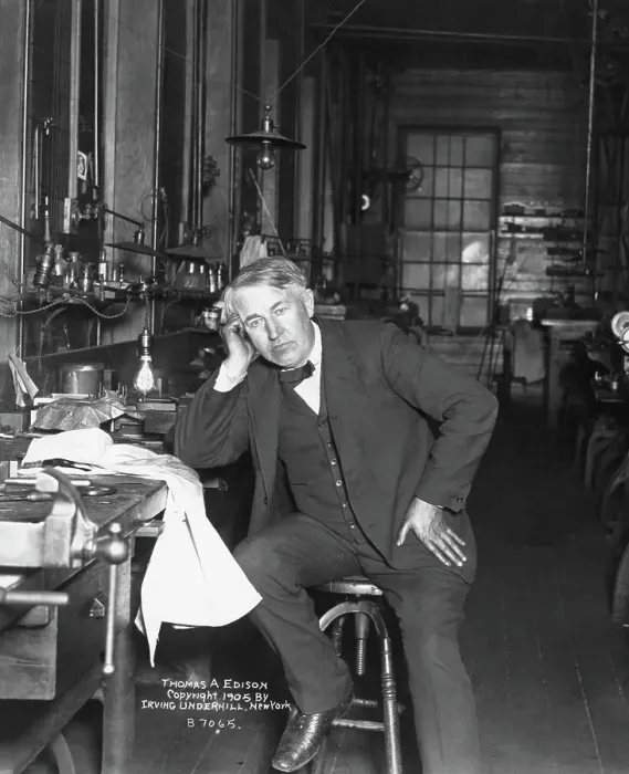 Framed Print : Thomas Edison Sitting in Workshop