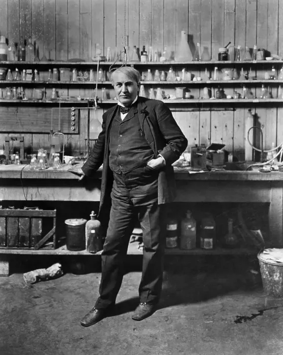 Framed Print : Thomas Edison Standing in Chemistry Lab Framed Print : Thomas Edison Standing in Chemistry Lab