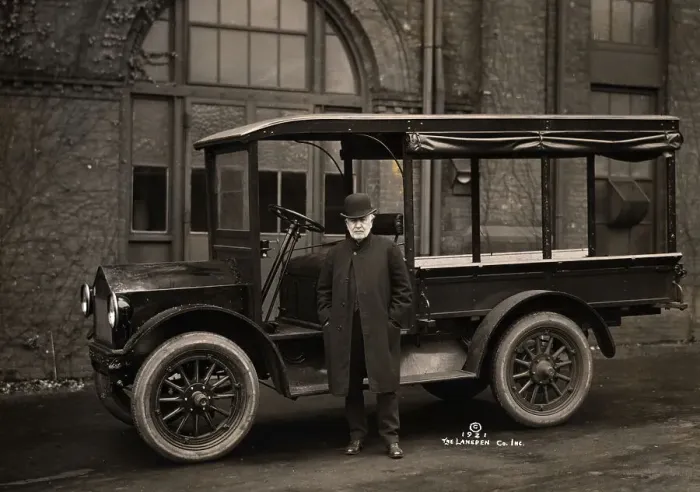 Framed Print : Thomas Edison Standing by Electric Car Framed Print : Thomas Edison Standing by Electric Car