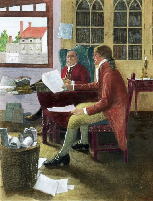 Framed Print : Thomas Jefferson Reading To Franklin by Clyde Osmer de Land Framed Print : Thomas Jefferson Reading To Franklin by Clyde Osmer de Land