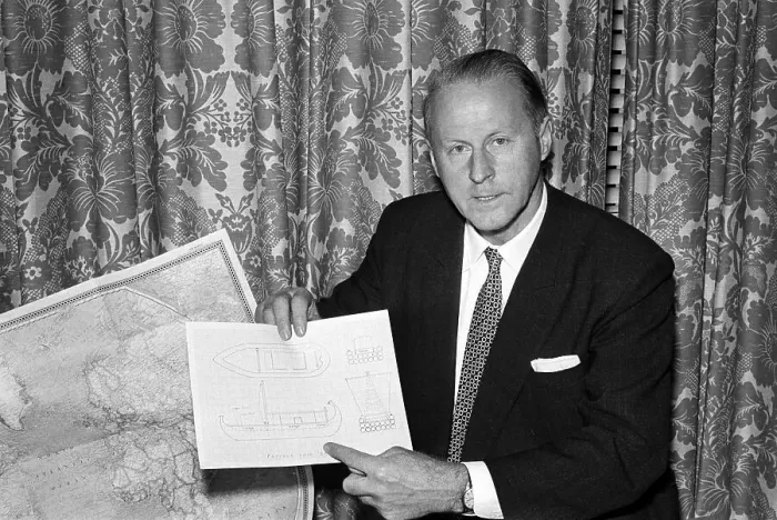 Framed Print : Thor Heyerdahl With Sketch Of Boat Framed Print : Thor Heyerdahl With Sketch Of Boat