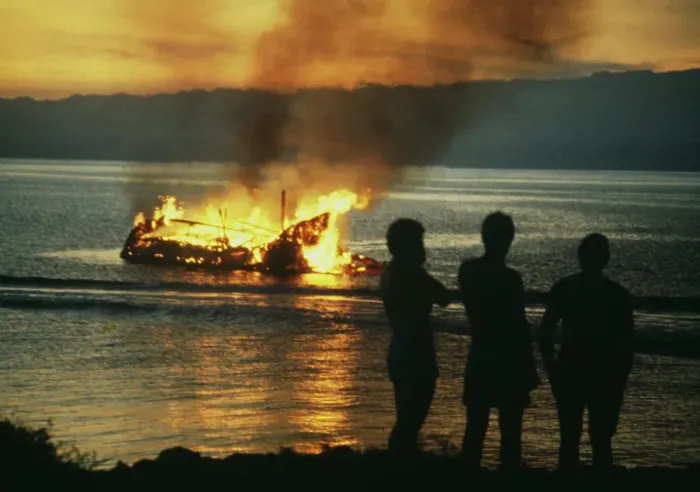 Framed Print : Thor Heyerdahl's Burning Boat