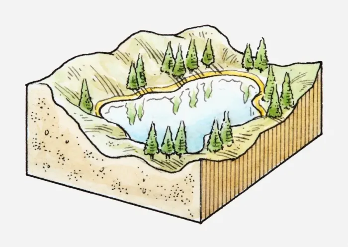 Framed Print : Three-dimensional illustration of mountain lake surrounded by forest Framed Print : Three-dimensional illustration of mountain lake surrounded by forest