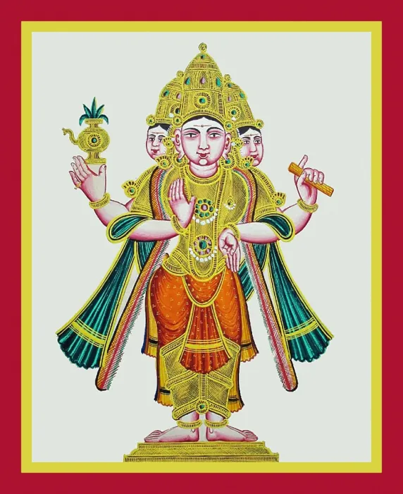 Framed Print : Three-headed and four-armed Brahmā stands on a low pedestal Framed Print : Three-headed and four-armed Brahmā stands on a low pedestal